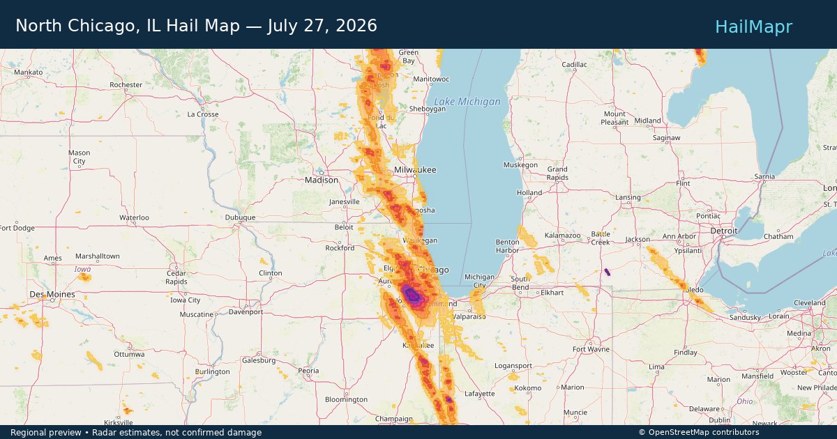 North Chicago, IL Hail Map — July 27, 2026 — regional heatmap and storm polygons