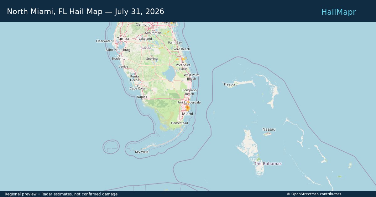 North Miami, FL Hail Map — July 31, 2026 — regional heatmap and storm polygons