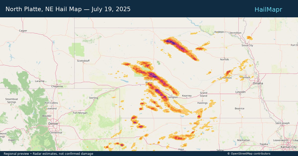 North Platte, NE Hail Map — July 19, 2025 — regional heatmap and storm polygons