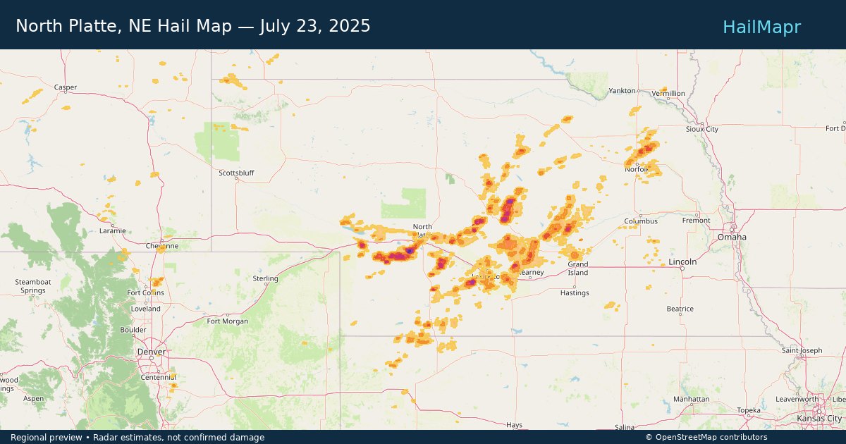 North Platte, NE Hail Map — July 23, 2025 — regional heatmap and storm polygons