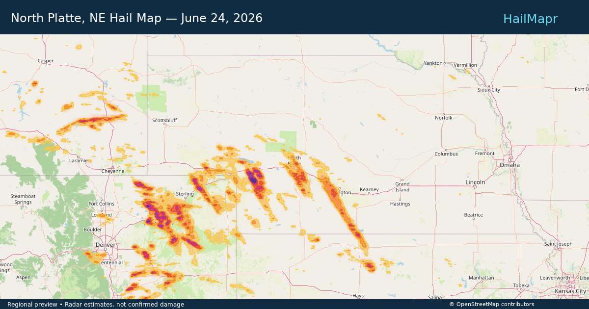 North Platte, NE Hail Map — June 24, 2026 — regional heatmap and storm polygons