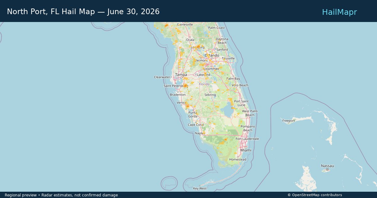 North Port, FL Hail Map — June 30, 2026 — regional heatmap and storm polygons