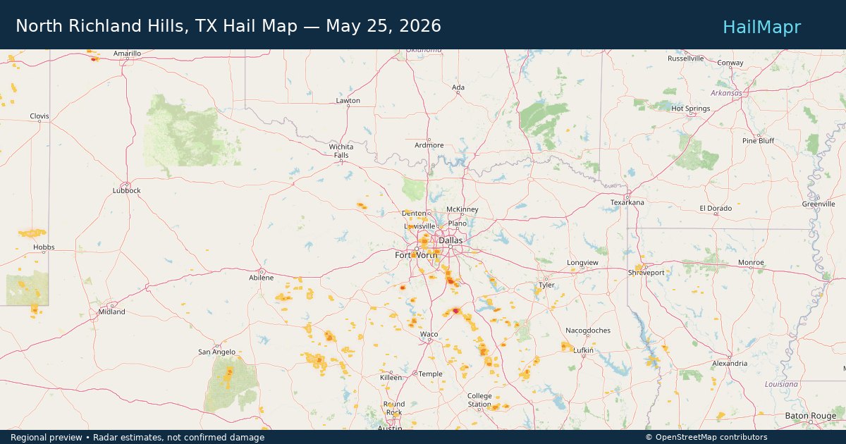 North Richland Hills, TX Hail Map — May 25, 2026 — regional heatmap and storm polygons