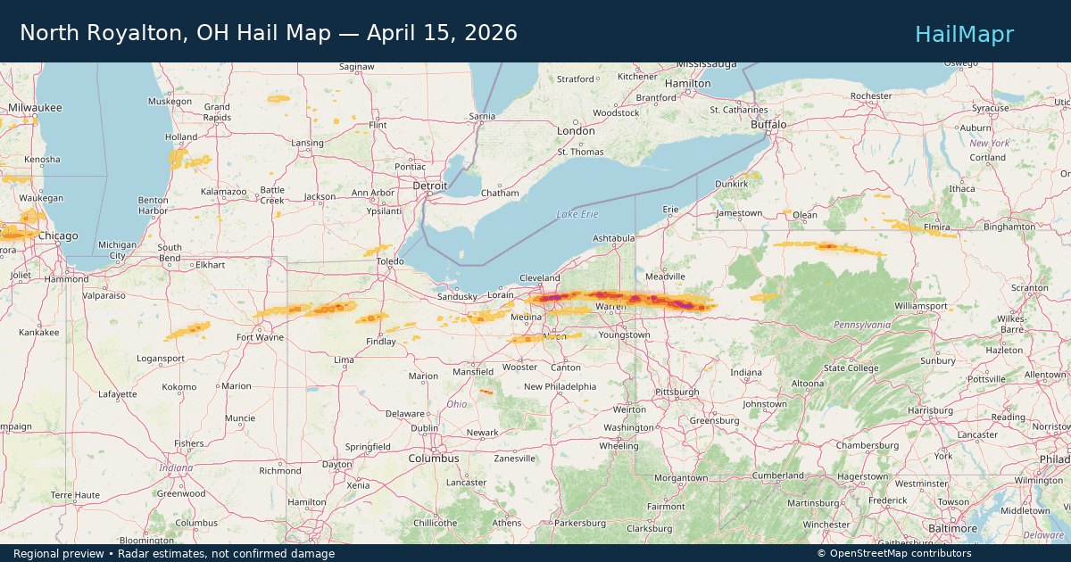 North Royalton, OH Hail Map — April 15, 2026 — regional heatmap and storm polygons