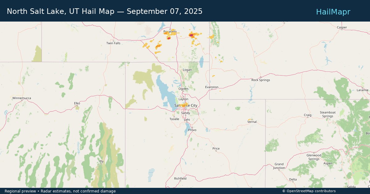 North Salt Lake, UT Hail Map — September 07, 2025 — regional heatmap and storm polygons