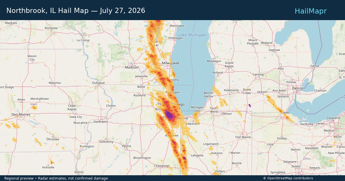 Northbrook, IL Hail Map — July 27, 2026 — regional heatmap and storm polygons