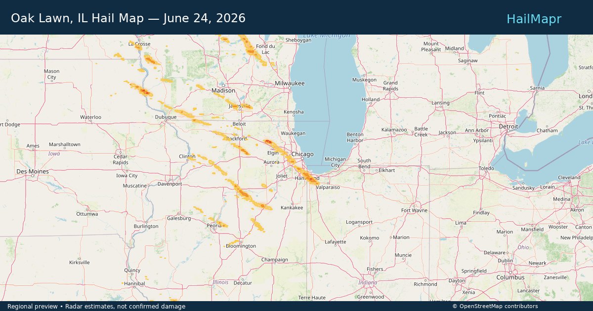Oak Lawn, IL Hail Map — June 24, 2026 — regional heatmap and storm polygons