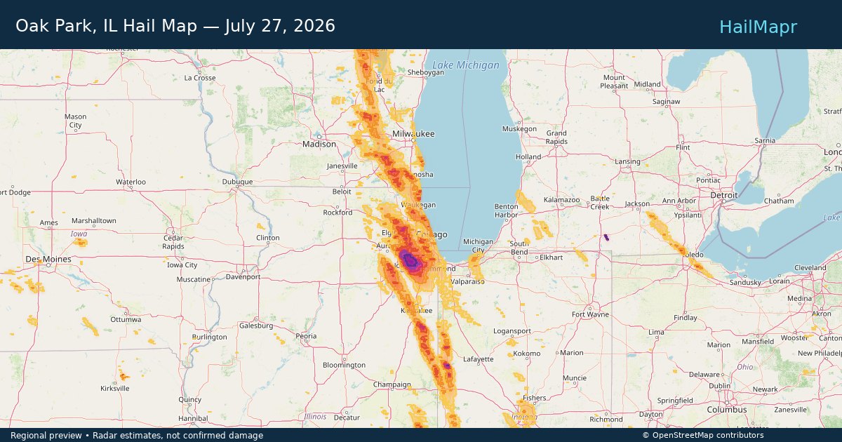 Oak Park, IL Hail Map — July 27, 2026 — regional heatmap and storm polygons