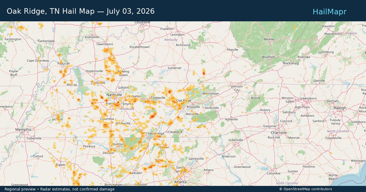 Oak Ridge, TN Hail Map — July 03, 2026 — regional heatmap and storm polygons