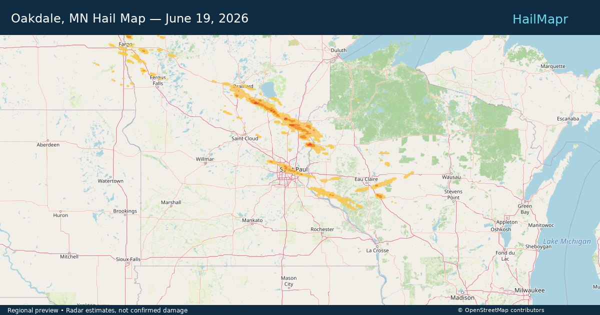 Oakdale, MN Hail Map — June 19, 2026 — regional heatmap and storm polygons
