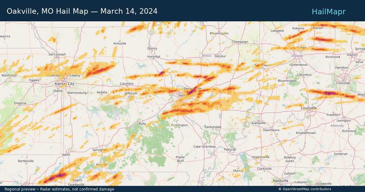 Oakville, MO Hail Map — March 14, 2024 — regional heatmap and storm polygons