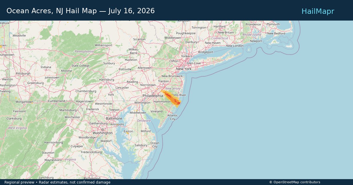 Ocean Acres, NJ Hail Map — July 16, 2026 — regional heatmap and storm polygons
