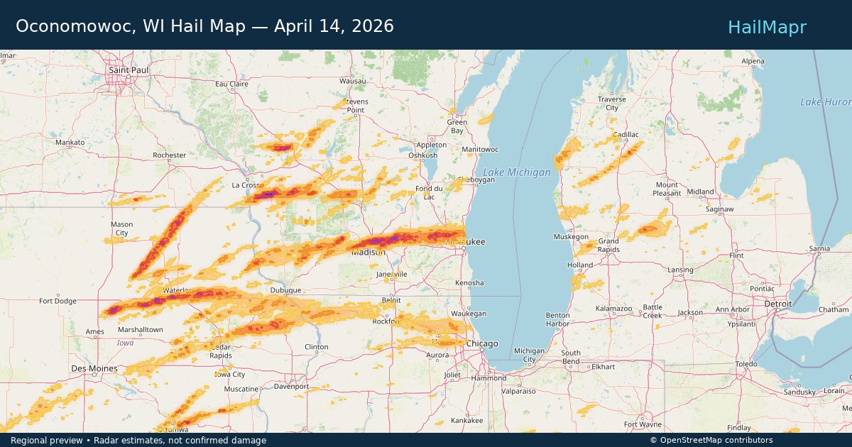 Oconomowoc, WI Hail Map — April 14, 2026 — regional heatmap and storm polygons