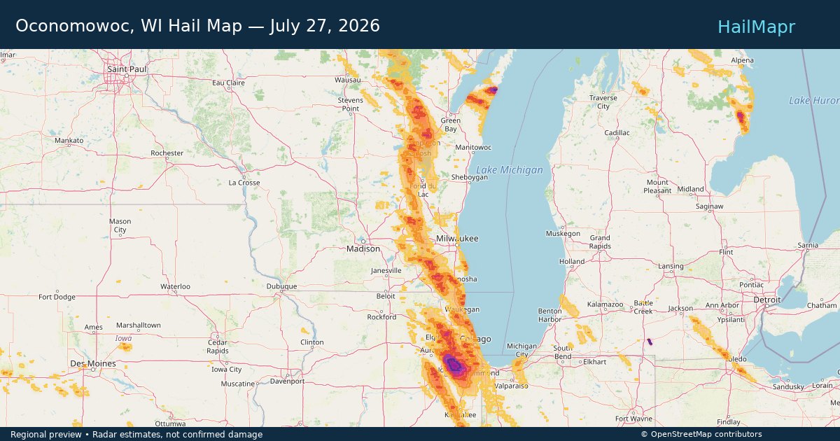 Oconomowoc, WI Hail Map — July 27, 2026 — regional heatmap and storm polygons