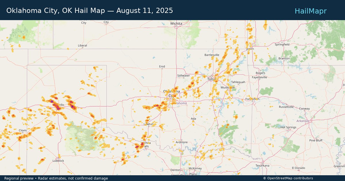 Oklahoma City, OK Hail Map — August 11, 2025 — regional heatmap and storm polygons