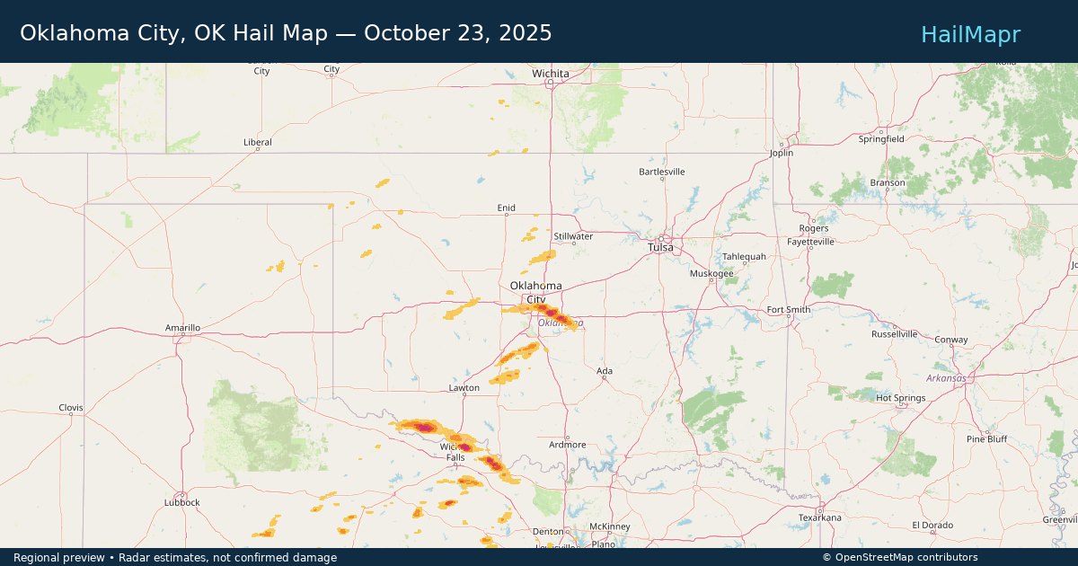 Oklahoma City, OK Hail Map — October 23, 2025 — regional heatmap and storm polygons