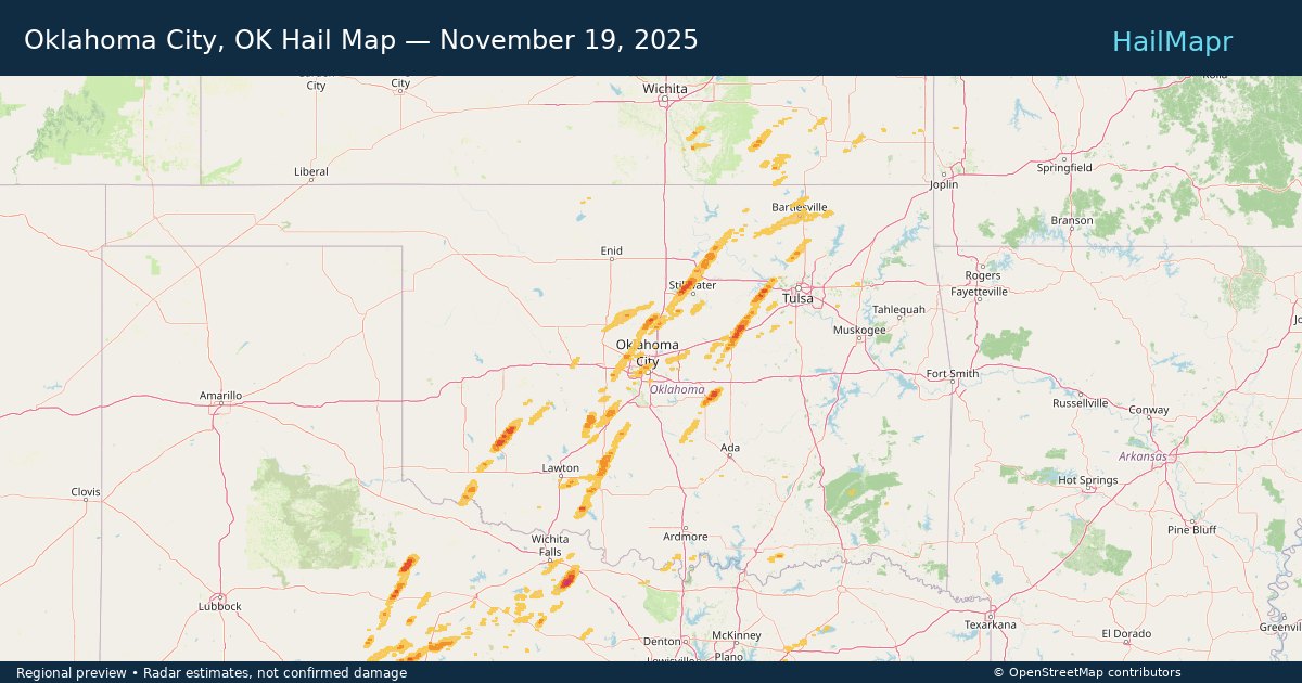 Oklahoma City, OK Hail Map — November 19, 2025 — regional heatmap and storm polygons
