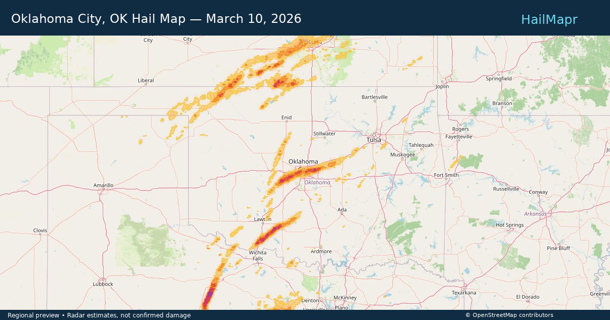 Oklahoma City, OK Hail Map — March 10, 2026 — regional heatmap and storm polygons