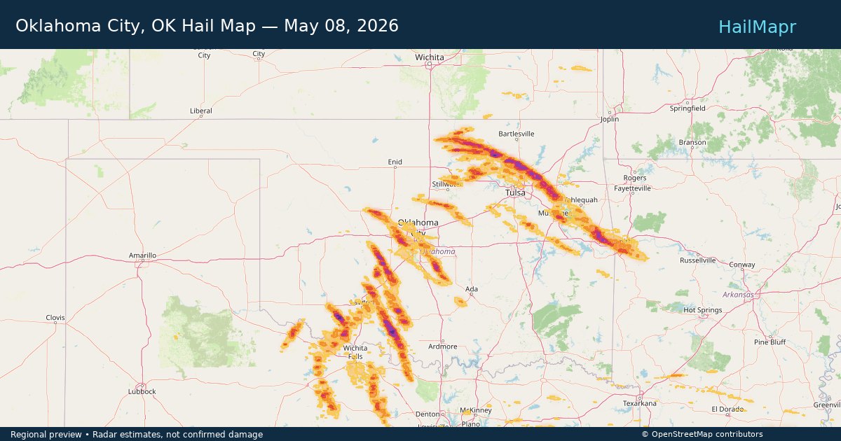 Oklahoma City, OK Hail Map — May 08, 2026 — regional heatmap and storm polygons