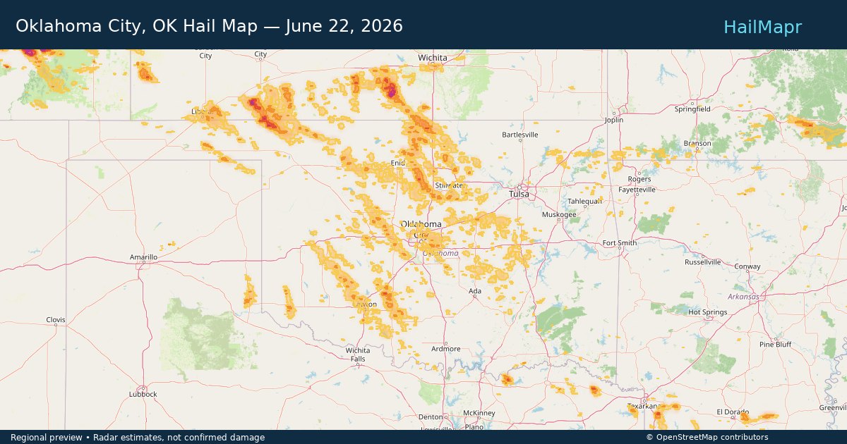 Oklahoma City, OK Hail Map — June 22, 2026 — regional heatmap and storm polygons