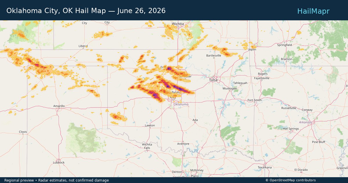Oklahoma City, OK Hail Map — June 26, 2026 — regional heatmap and storm polygons