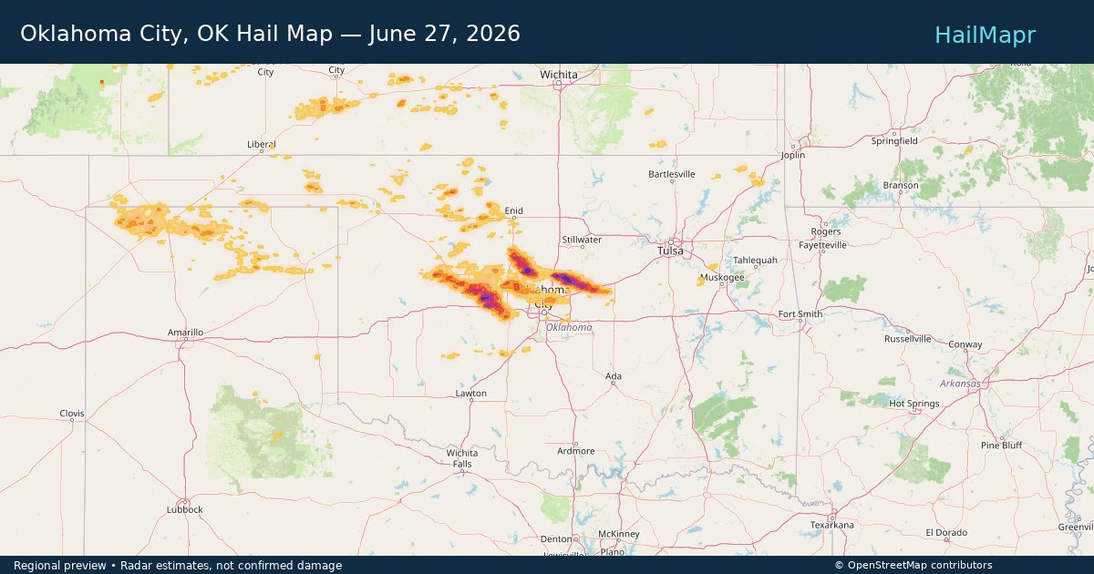 Oklahoma City, OK — June 27, 2026 — regional hail footprint preview