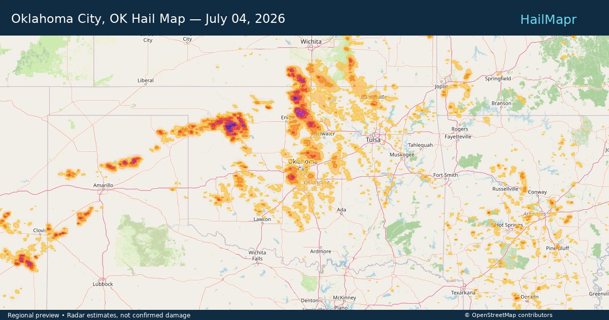 Oklahoma City, OK Hail Map — July 04, 2026 — regional heatmap and storm polygons