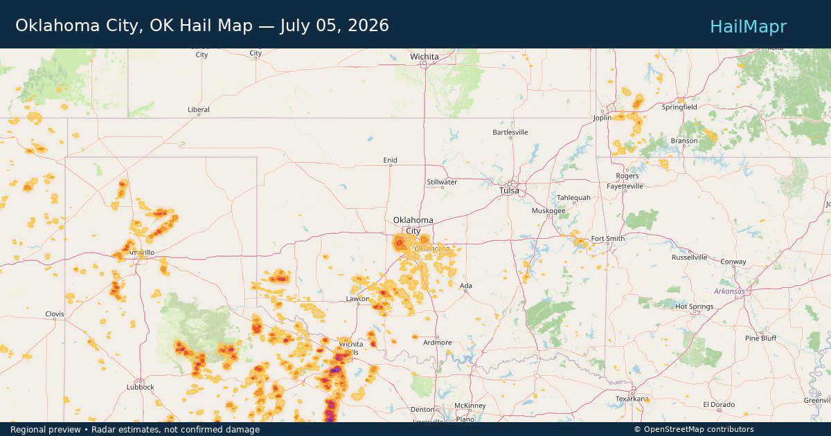 Oklahoma City, OK Hail Map — July 05, 2026 — regional heatmap and storm polygons