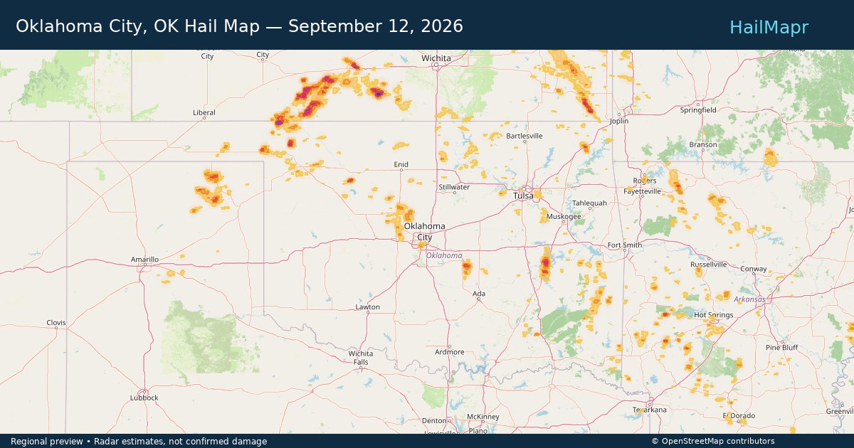 Oklahoma City, OK Hail Map — September 12, 2026 — regional heatmap and storm polygons