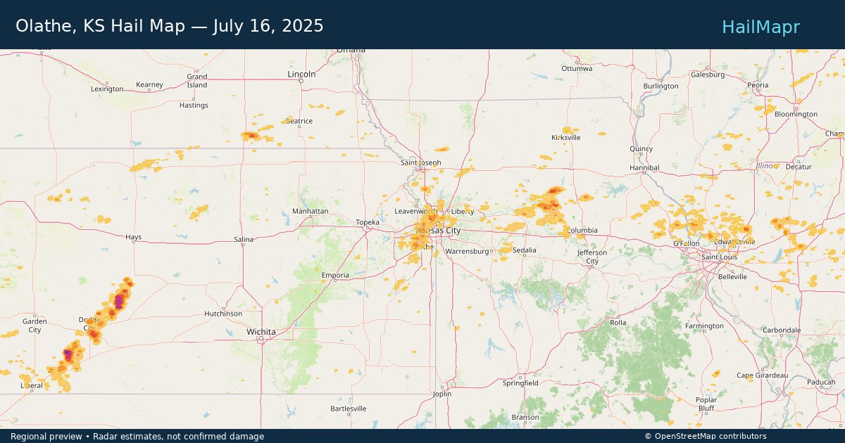 Olathe, KS Hail Map — July 16, 2025 — regional heatmap and storm polygons