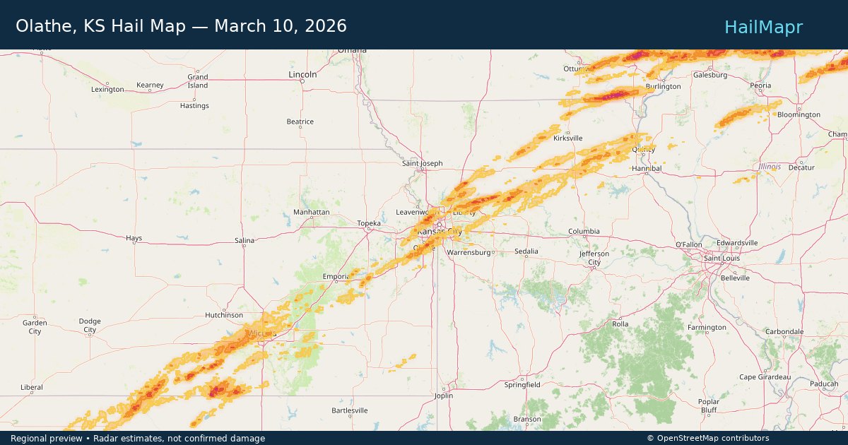 Olathe, KS Hail Map — March 10, 2026 — regional heatmap and storm polygons