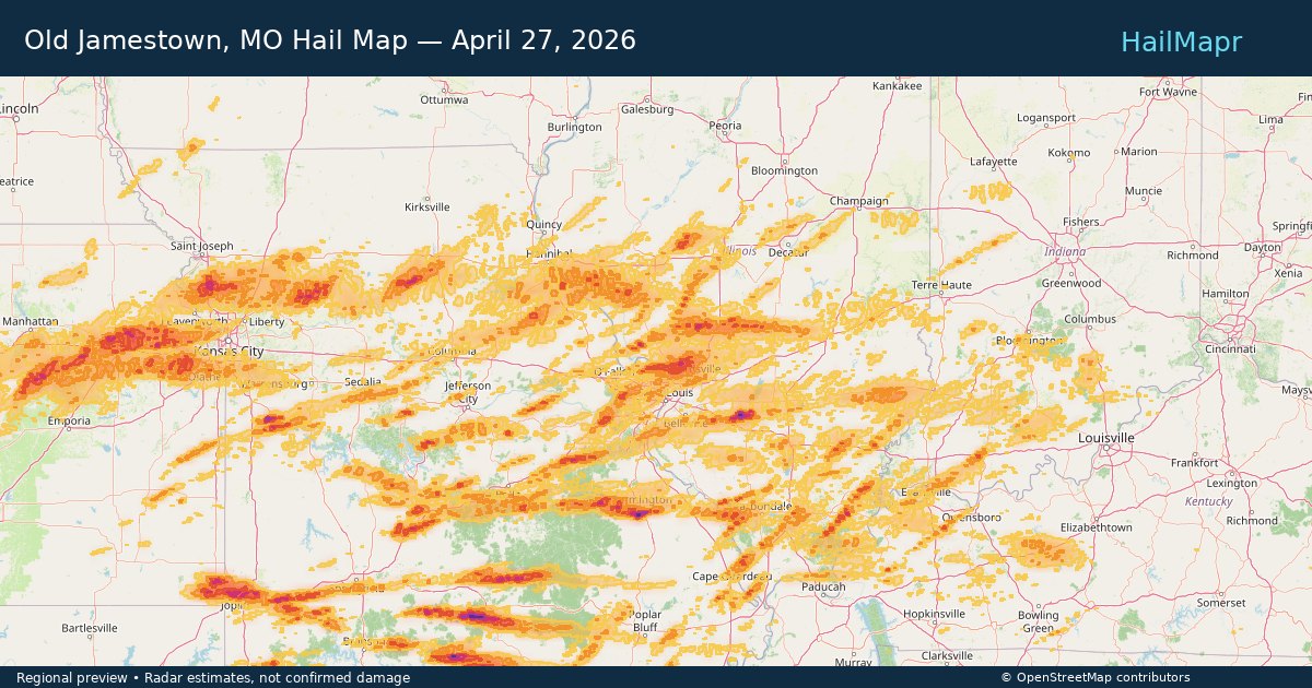 Old Jamestown, MO Hail Map — April 27, 2026 — regional heatmap and storm polygons