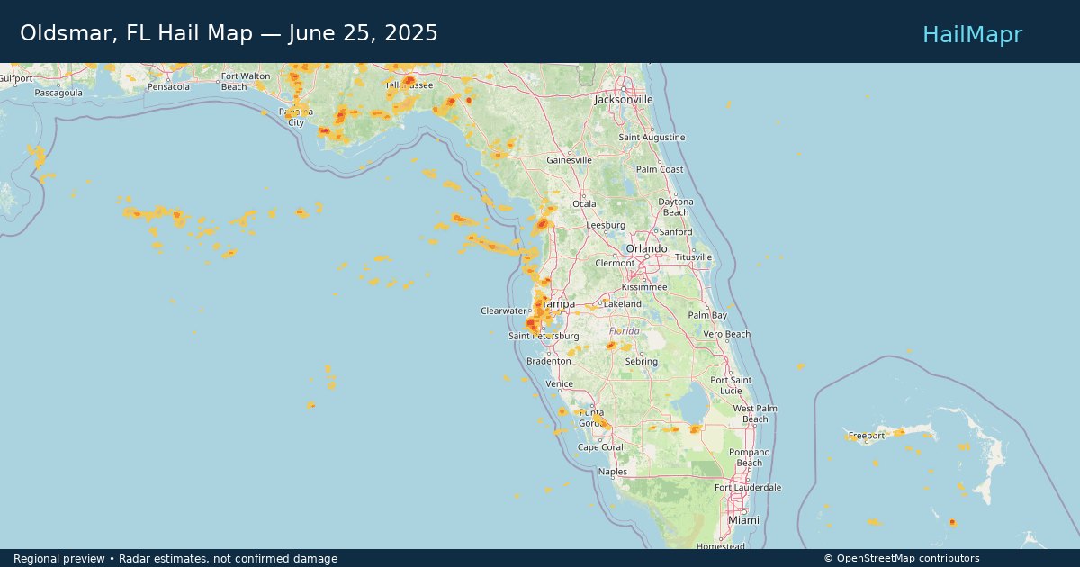 Oldsmar, FL Hail Map — June 25, 2025 — regional heatmap and storm polygons