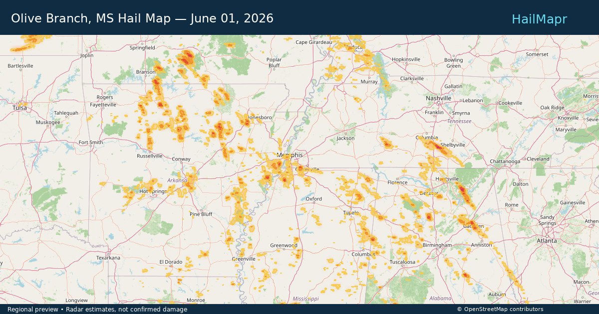 Olive Branch, MS Hail Map — June 01, 2026 — regional heatmap and storm polygons