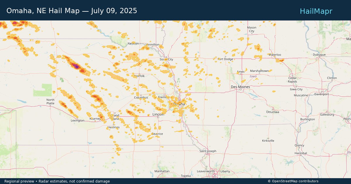 Omaha, NE Hail Map — July 09, 2025 — regional heatmap and storm polygons