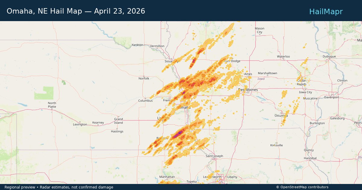 Omaha, NE Hail Map — April 23, 2026 — regional heatmap and storm polygons