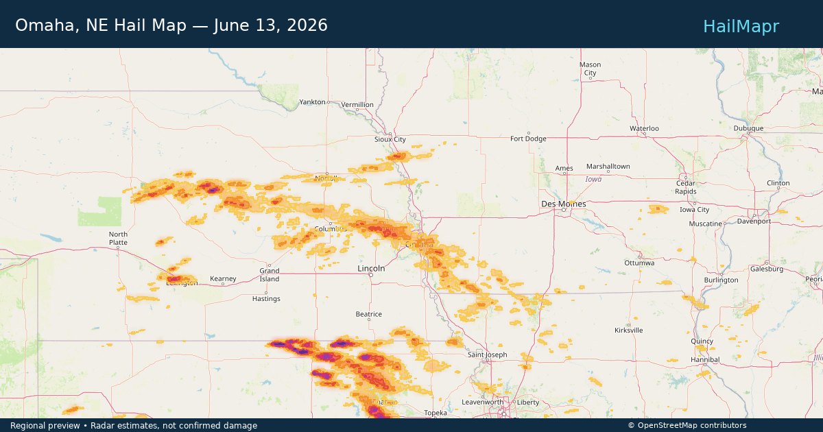Omaha, NE Hail Map — June 13, 2026 — regional heatmap and storm polygons