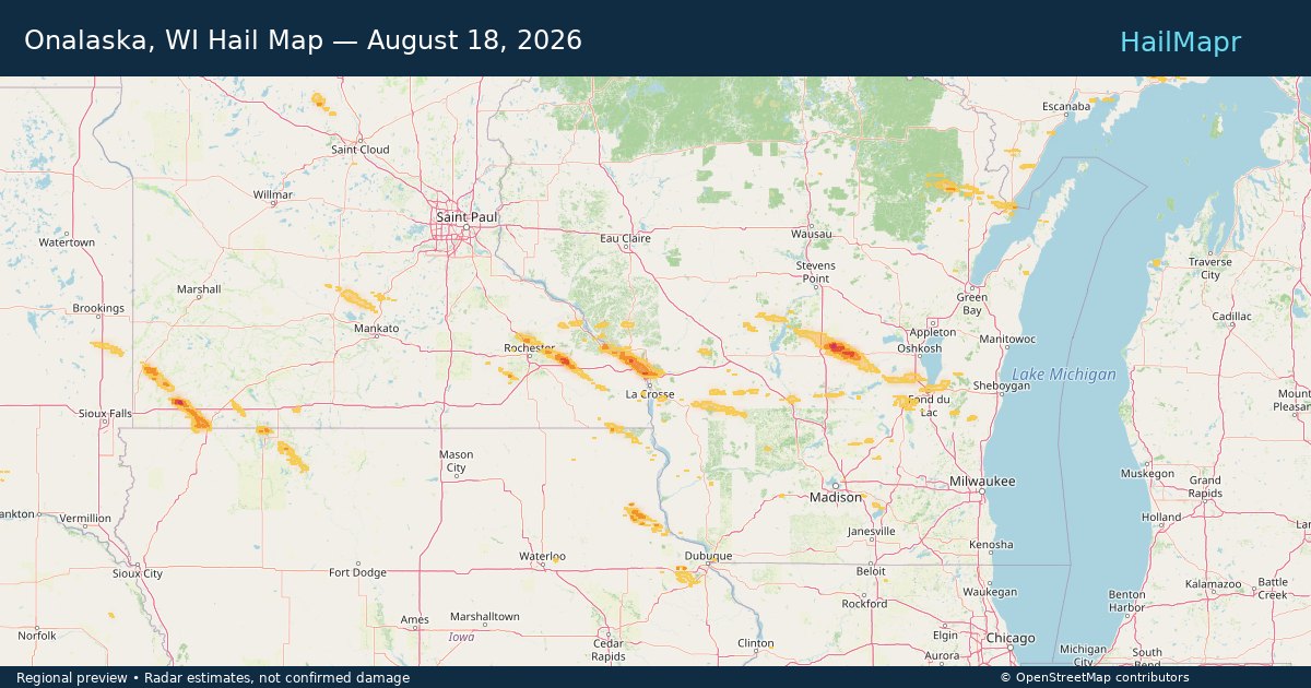 Onalaska, WI Hail Map — August 18, 2026 — regional heatmap and storm polygons