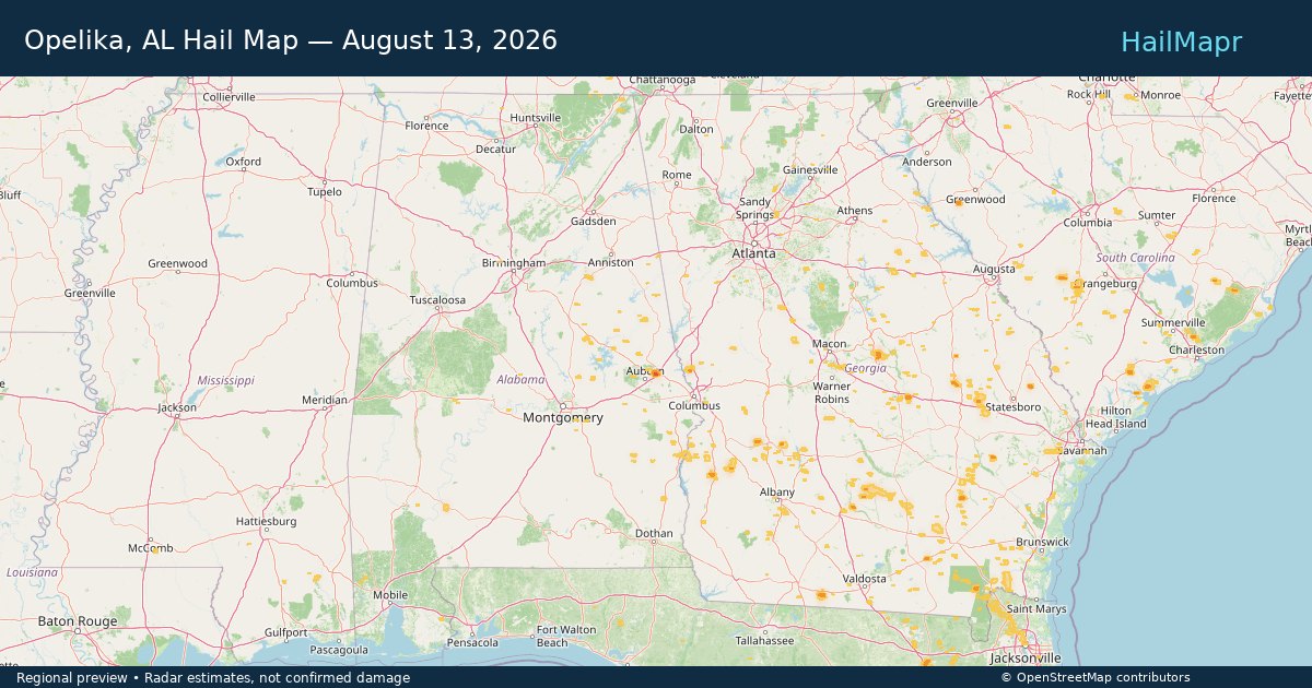 Opelika, AL Hail Map — August 13, 2026 — regional heatmap and storm polygons
