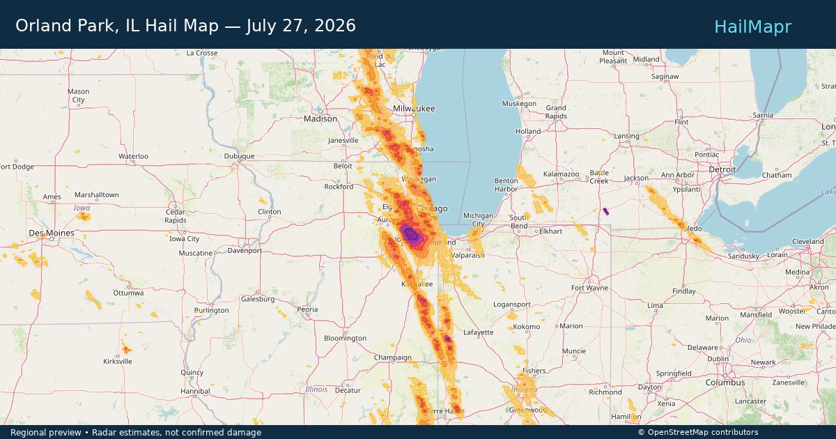 Orland Park, IL Hail Map — July 27, 2026 — regional heatmap and storm polygons