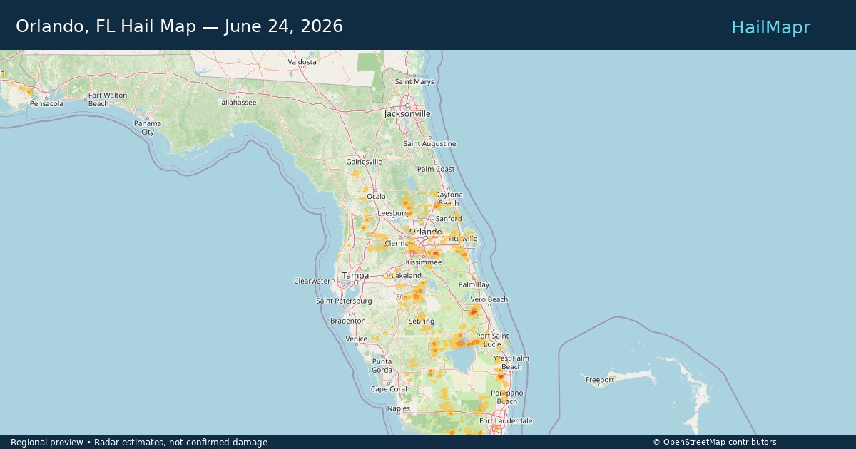 Orlando, FL Hail Map — June 24, 2026 — regional heatmap and storm polygons