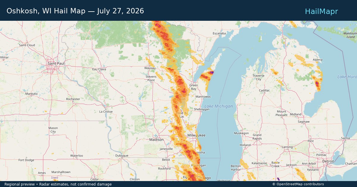 Oshkosh, WI Hail Map — July 27, 2026 — regional heatmap and storm polygons