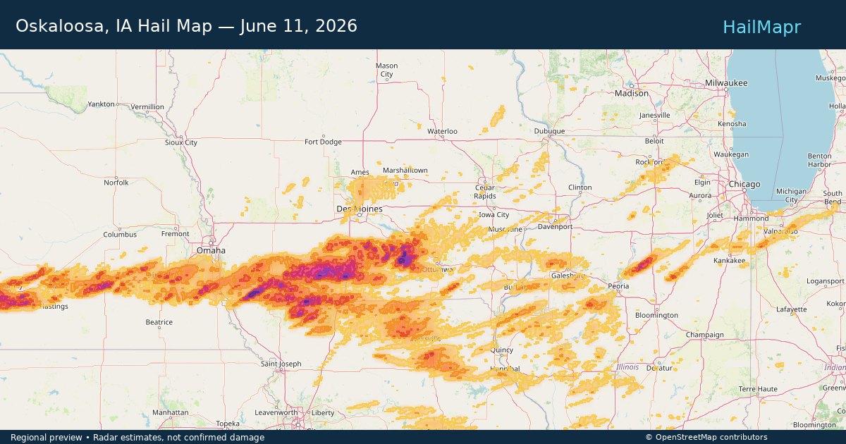 Oskaloosa, IA Hail Map — June 11, 2026 — regional heatmap and storm polygons