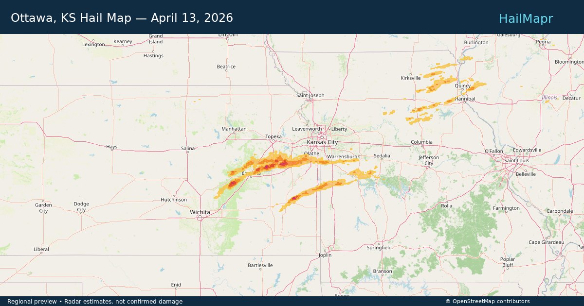 Ottawa, KS Hail Map — April 13, 2026 — regional heatmap and storm polygons
