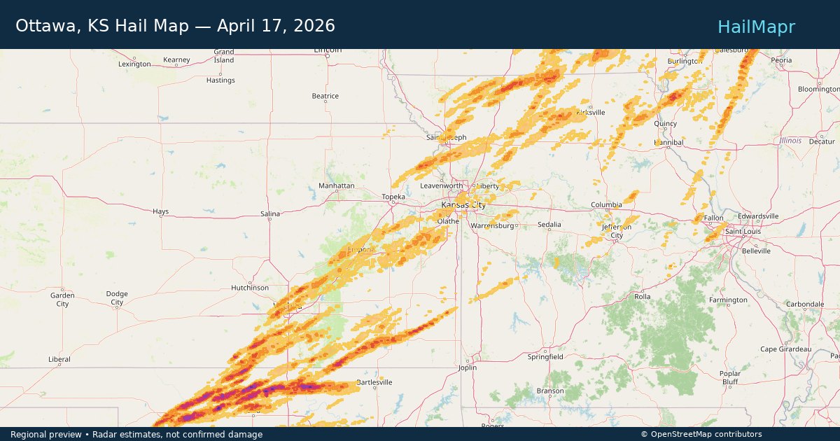 Ottawa, KS — April 17, 2026 — regional hail footprint preview
