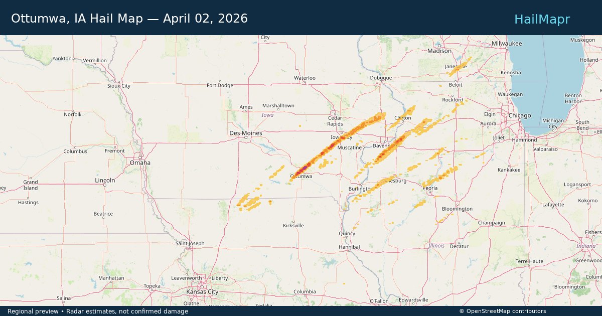 Ottumwa, IA — April 02, 2026 — regional hail footprint preview