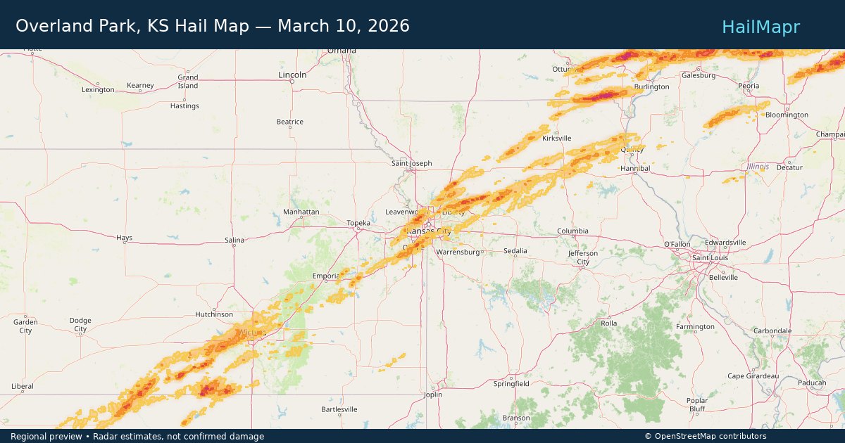 Overland Park, KS Hail Map — March 10, 2026 — regional heatmap and storm polygons