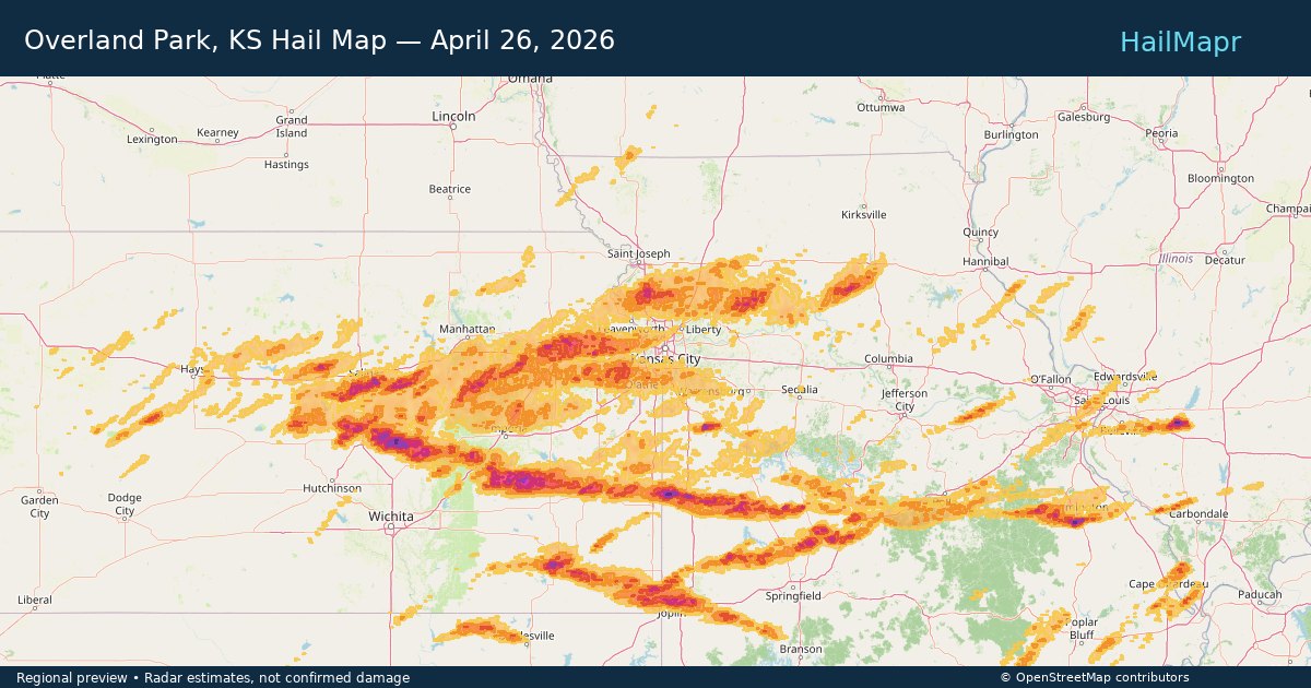 Overland Park, KS Hail Map — April 26, 2026 — regional heatmap and storm polygons