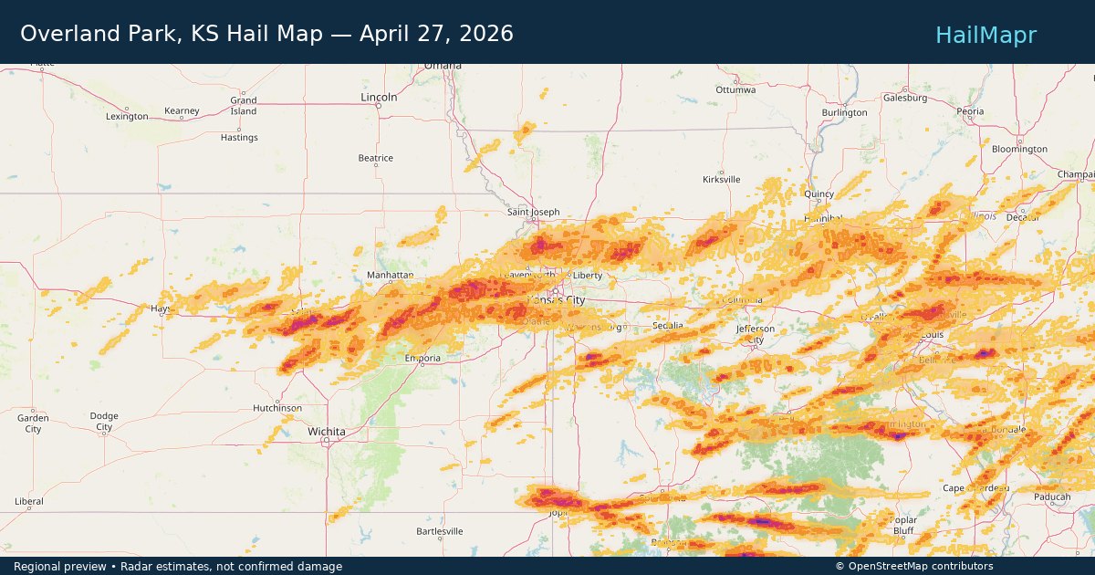 Overland Park, KS Hail Map — April 27, 2026 — regional heatmap and storm polygons