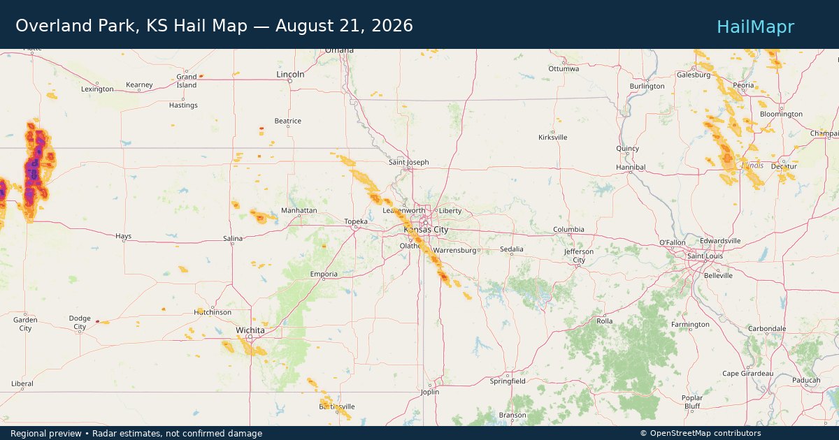 Overland Park, KS Hail Map — August 21, 2026 — regional heatmap and storm polygons